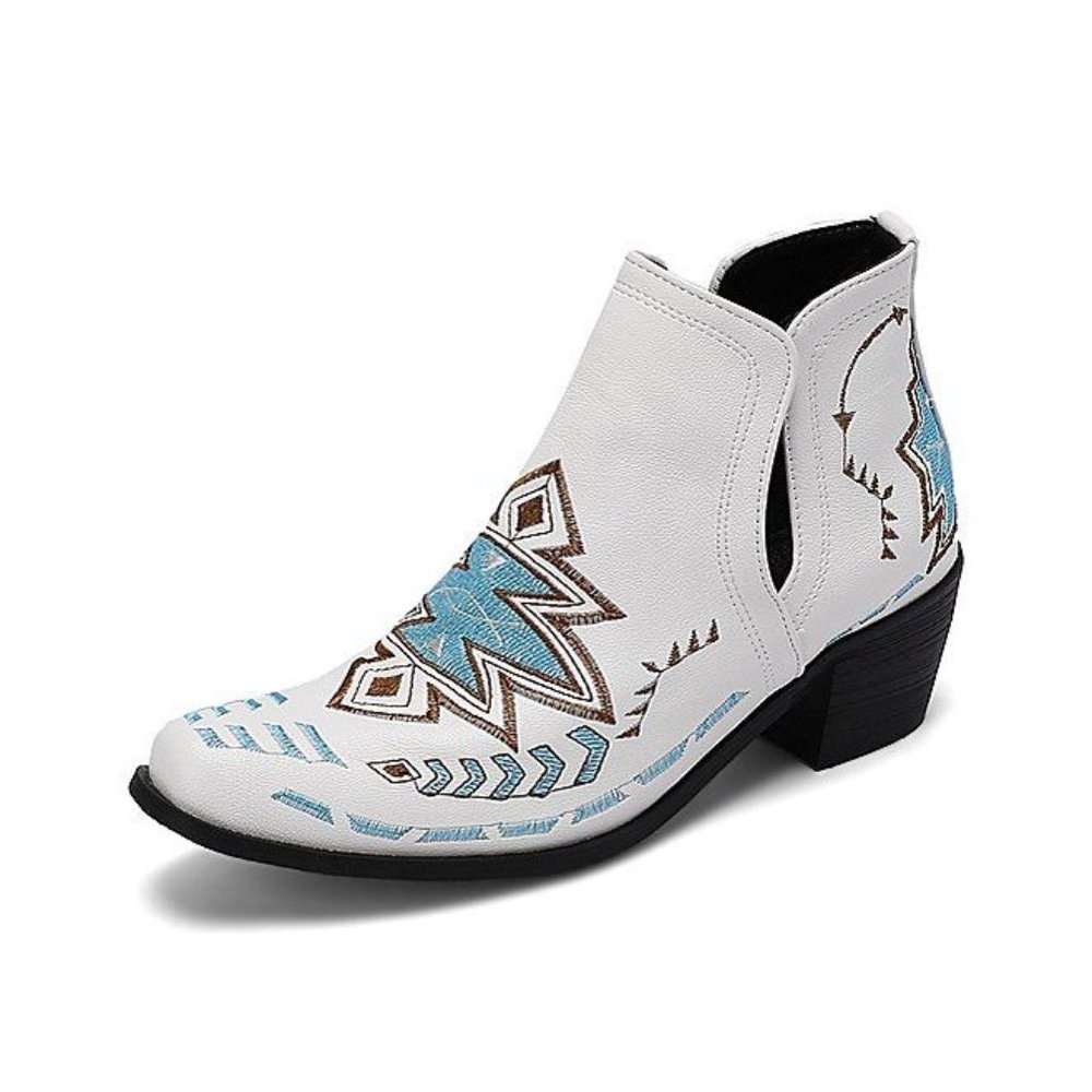 White Embroidered Western Ankle Bootie with Blue Accents